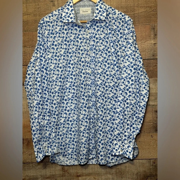 TED BAKER Endurance Button Down Men’s size 16 34/35 Blue Floral Dress Shirt - Picture 1 of 8